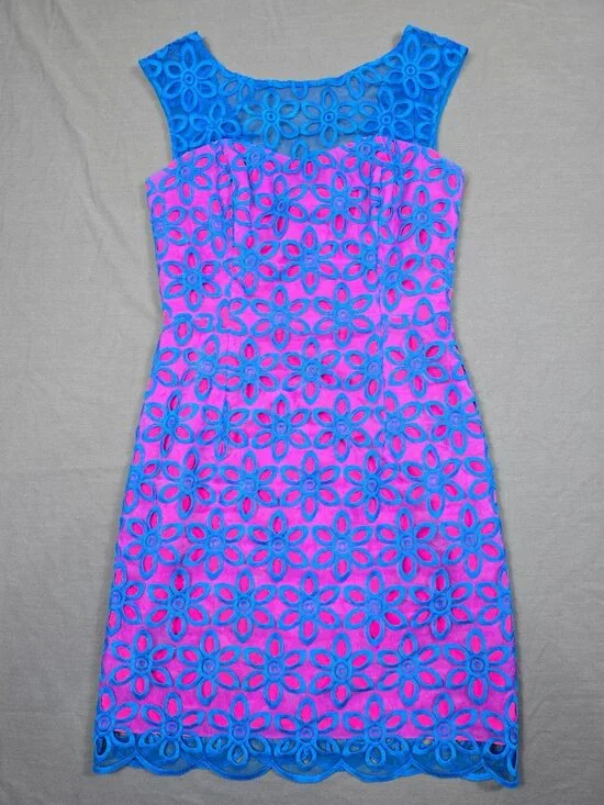 Lilly Pulitzer Selna Sheath Mambo Pink Royce Blue Floral Eyelet Dress Size 4 - Picture 3 of 6